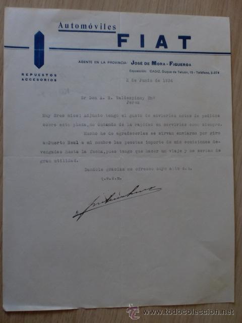 Cartas comerciales: CARTA COMERCIAL. ESPA&Ntilde;A. CADIZ. JUNIO 1934. JOSE DE MORA-FIGUEROA. AUTOMOVILES FIAT.