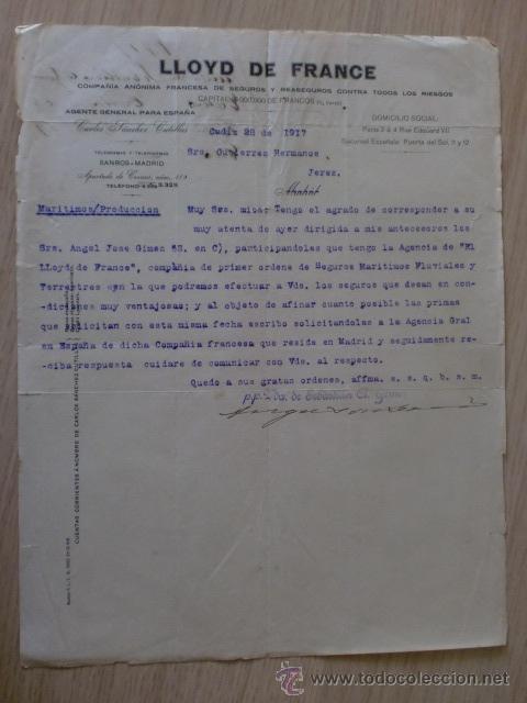 Cartas comerciales: CARTA COMERCIAL. ESPA&Ntilde;A. CADIZ. OCTUBRE 1917. LLOYD DE FRANCE.COMERCIAL CARLOS SANCHEZ CUTILLAS..