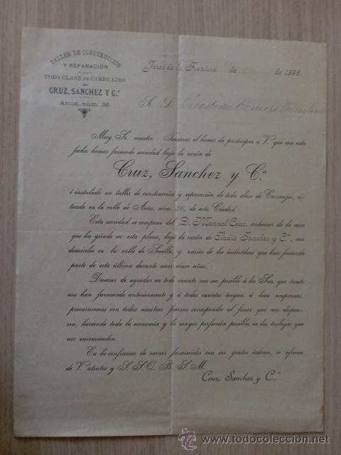 Cartas comerciales: CIRCULAR. ESPA&Ntilde;A. JEREZ. 1896. CRUZ, SANCHEZ Y CIA. TALLER REPARACION DE CARRUAJES.
