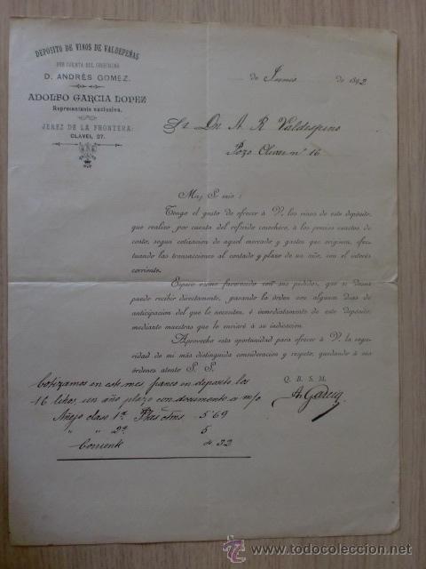 Cartas comerciales: CARTA COMERCIAL. ESPA&Ntilde;A. JEREZ. JUNIO 1892. ADOLFO GARCIA LOPEZ. REPRESENTANTE DE VINOS.