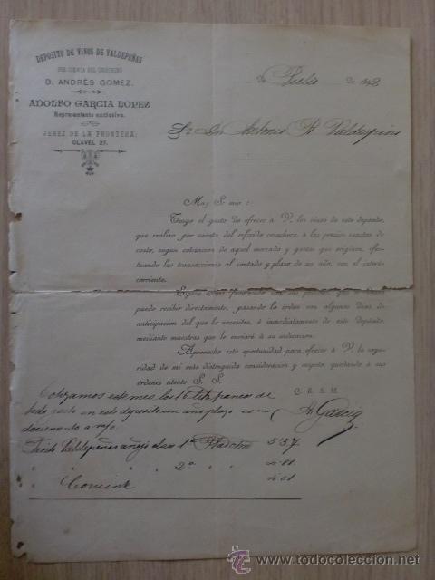 Cartas comerciales: CARTA COMERCIAL. ESPA&Ntilde;A. JEREZ. JULIO 1892. ADOLFO GARCIA LOPEZ. REPRESENTANTE DE VINOS.