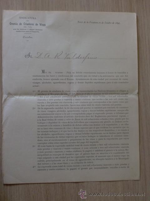 Cartas comerciales: CIRCULAR. ESPA&Ntilde;A. JEREZ. OCTUBRE 1892. SINDICATURA DEL GREMIO DE VRIADORES DE VINOS.