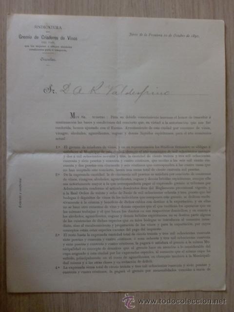 Cartas comerciales: CIRCULAR. ESPA&Ntilde;A. JEREZ. OCTUBRE 1892. SINDICATURA DEL GREMIO DE VRIADORES DE VINOS.