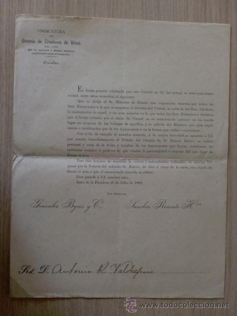 Cartas comerciales: CIRCULAR. ESPA&Ntilde;A. JEREZ. JULIO 1892. SINDICATURA DEL GREMIO DE VRIADORES DE VINOS.