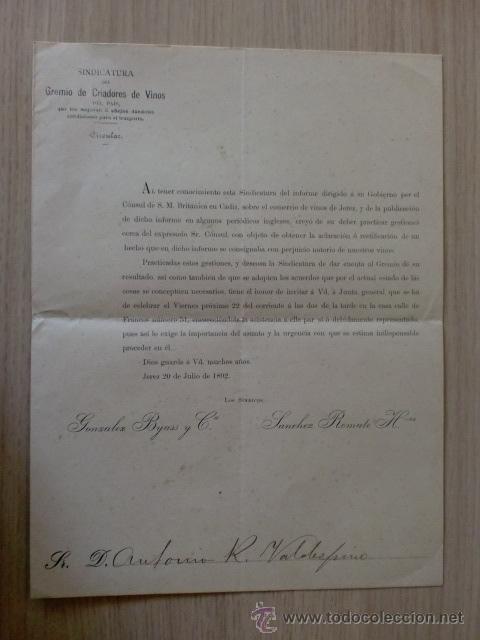 Cartas comerciales: CIRCULAR. ESPA&Ntilde;A. JEREZ. JULIO 1892. SINDICATURA DEL GREMIO DE VRIADORES DE VINOS.