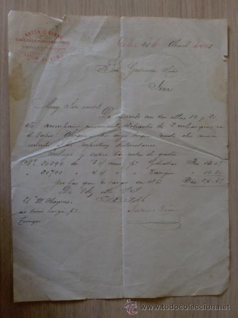 Cartas comerciales: CARTA COMERCIAL. ESPA&Ntilde;A. CADIZ. ABRIL 1886. ANTONIO GIRAU. COMISIONES, CONSIGNACIONES.