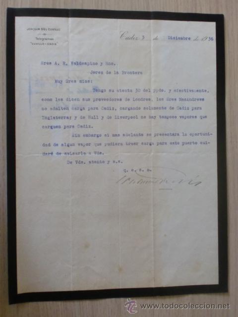 Cartas comerciales: CARTA COMERCIAL. ESPA&Ntilde;A. CADIZ. DICIEMBRE 1936. JOAQUIN DEL CUVILLO.