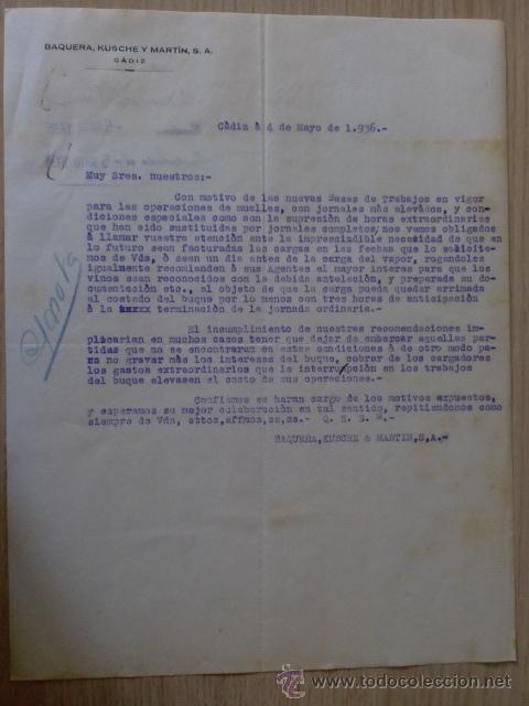 Cartas comerciales: CIRCULAR. ESPA&Ntilde;A. CADIZ. MAYO 1936. BAQUERA, KUSCHE Y MARTIN, S.A.
