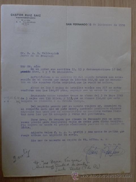 Lettere commerciali: CARTA COMERCIAL. ESPA&Ntilde;A. SAN FERNANDO, CADIZ. DICBRE. 1950. CASTOR RUIZ SAIZ. REPRESENTANTE.