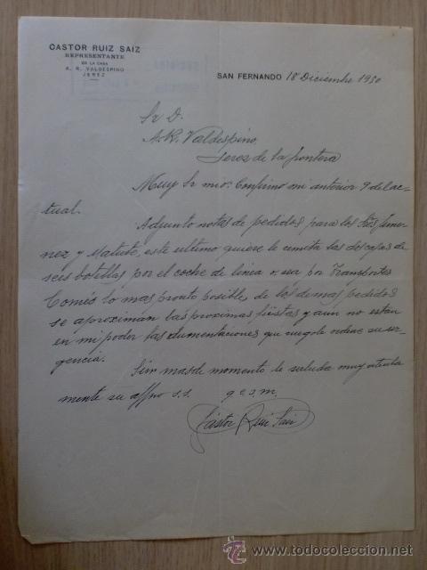 Lettere commerciali: CARTA COMERCIAL. ESPA&Ntilde;A. SAN FERNANDO, CADIZ. DICBRE.1950. CASTOR RUIZ SAIZ. REPRESENTANTE.