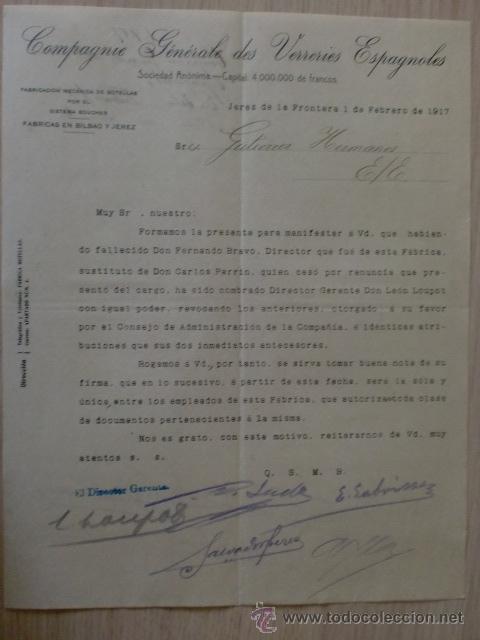 Lettere commerciali: CIRCULAR. ESPA&Ntilde;A. JEREZ. FEBRERO 1917. COMPAGNIE GENERALE DES VERRERIES ESPAGNOLES.