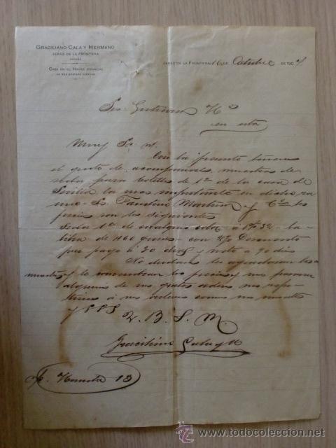 Lettere commerciali: CARTA COMERCIAL. ESPA&Ntilde;A. JEREZ. OCTUBRE 1907. GRACILIANO CALA Y HERMANO.