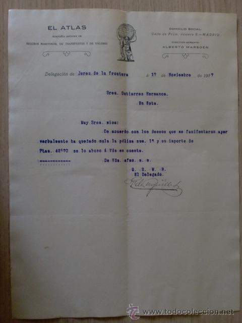 Lettere commerciali: CARTA COMERCIAL. ESPA&Ntilde;A. JEREZ. NOVIEMBRE 1917. ALBERTO MARSDEN. EL ATLAS, SEGUROS..