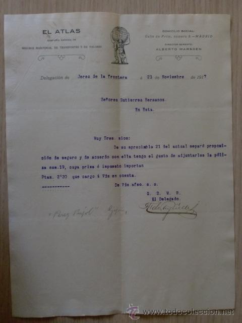 Lettere commerciali: CARTA COMERCIAL. ESPA&Ntilde;A. JEREZ. NOVIEMBRE 1917. ALBERTO MARSDEN. EL ATLAS, SEGUROS..