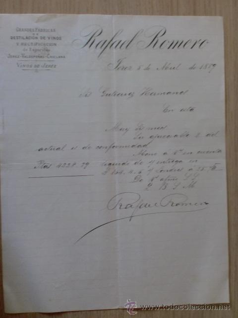 Lettere commerciali: CARTA COMERCIAL. ESPA&Ntilde;A. JEREZ. ABRIL 1889. RAFAEL ROMERO. DESTILACION DE VINOS.