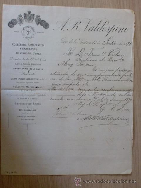 Lettere commerciali: CARTA COMERCIAL. ESPA&Ntilde;A. JEREZ. JULIO 1888. A. R. VALDESPINO. COSECHERO.
