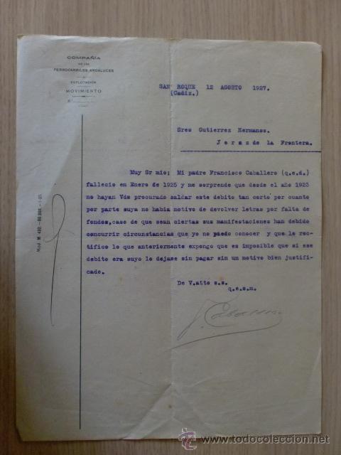 Commercial Letters: CARTA COMERCIAL. ESPA&Ntilde;A. SAN ROQUE, CADIZ. AGOSTO 1927. COMPA&Ntilde;IA DE LOS FERROCARRILES ANDALUCES.