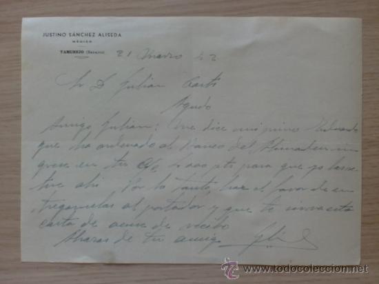Lettres commerciales: CARTA COMERCIAL. BADAJOZ. TAMUREJO. MARZO 1952. JUSTINO SANCHEZ ALISEDA. MEDICO.