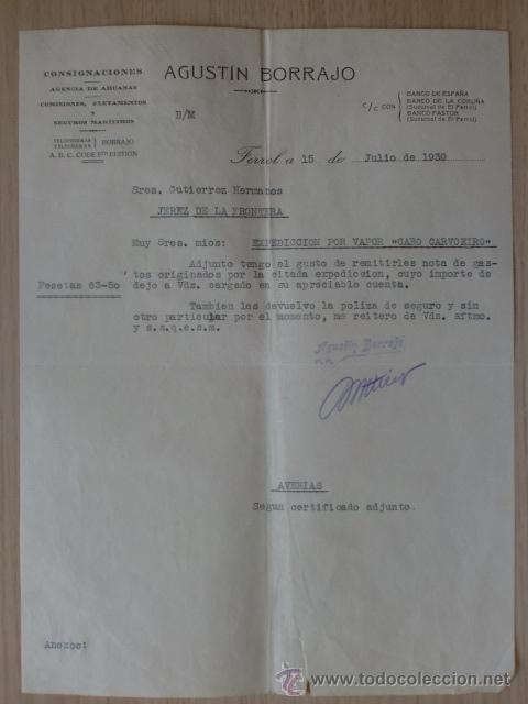 Cartas comerciales: CARTA COMERCIAL. FERROL. JULIO 1930. AGUSTIN BORRAJO. CONSIGNACIONES.
