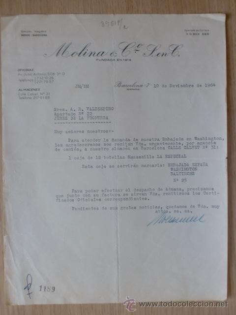 Cartas comerciales: CARTA COMERCIAL. BARCELONA. NOVBRE 1964. MOLINA Y C&ordm;. S. EN C.