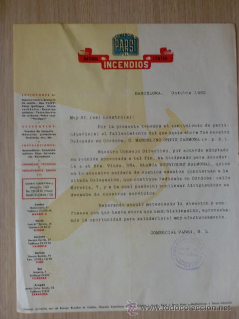 Cartas comerciales: CARTA COMERCIAL. BARCELONA. OCTUBRE 1962. COMERCIAL PARSI, S. L. MATERIAL CONTRA INCENDIOS.