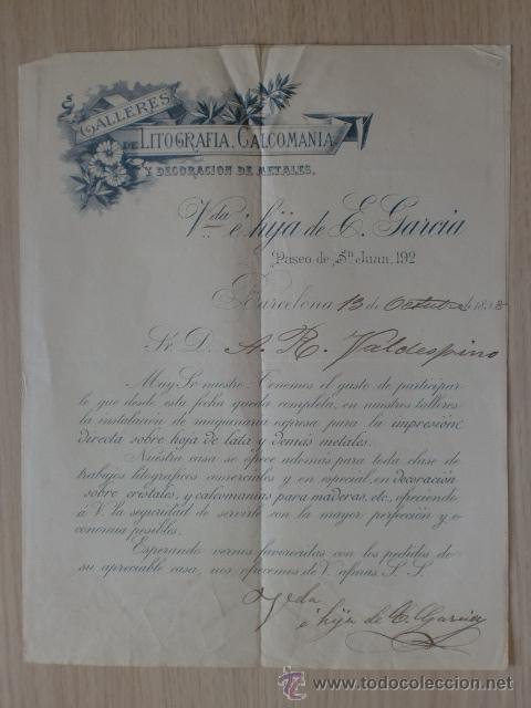 Cartas comerciales: CARTA COMERCIAL. BARCELONA. OCTUBRE 1898. VDA. E HIJA DE E. GARCIA. TALLERES DE LITOGRAFIA.