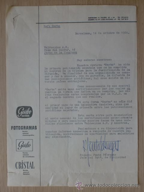 Cartas comerciales: CARTA COMERCIAL. BARCELONA. OCTUBRE 1964. RICARDO FONTA FABRERAS. GARBO EDITORIAL.