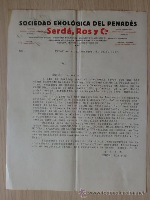 Cartas comerciales: CARTA COMERCIAL. BARCELONA. VILLAFRANCA DEL PENEDES. JULIO 1917. SERDA, ROS Y CIA. SCDAD. ENOLOGICA.