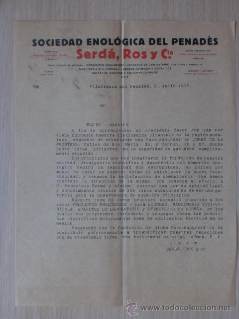 Cartas comerciales: CARTA COMERCIAL. BARCELONA. VILLAFRANCA DEL PENEDES. JULIO 1917. SERDA, ROS Y CIA. SCDAD. ENOLOGICA.