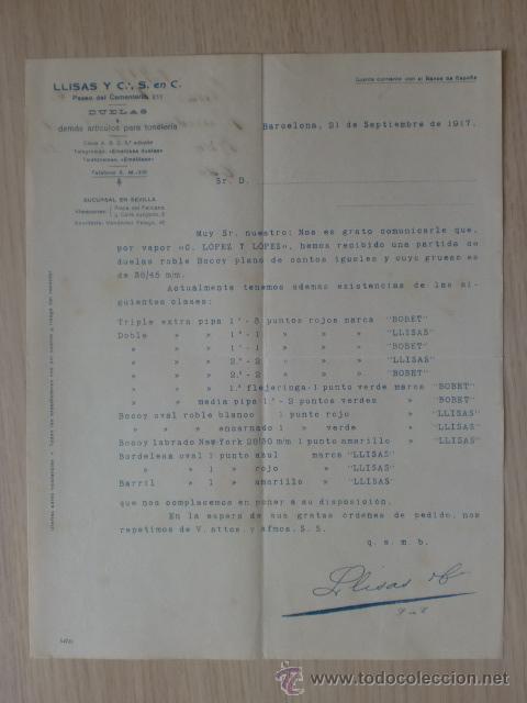 Cartas comerciales: CARTA COMERCIAL. BARCELONA. SEPBRE 1917. LLISAS Y C&ordf;, S. EN C. DUELAS Y ARTICULOS PARA TONELERIA.