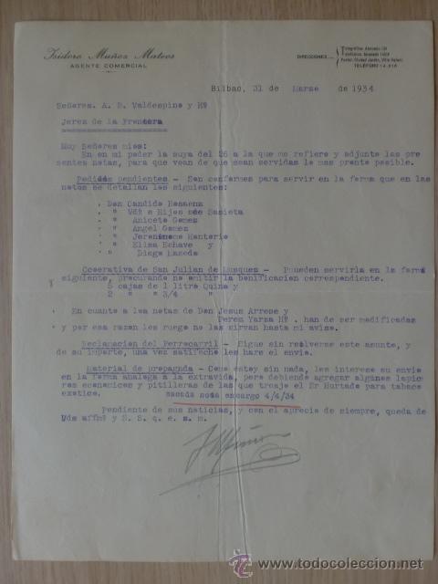 Cartas comerciales: CARTA COMERCIAL. BILBAO. MARZO 1934. ISIDORO MU&Ntilde;OS MATEOS. AGENTE COMERCIAL.