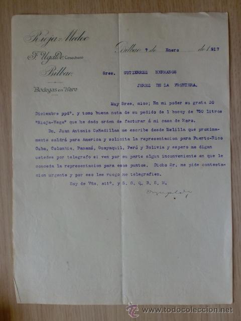Cartas comerciales: CARTA COMERCIAL. BILBAO. ENERO 1917. F. UGALDE, COSECHERO. RIOJA MEDOC. BODEGAS EN HARO.