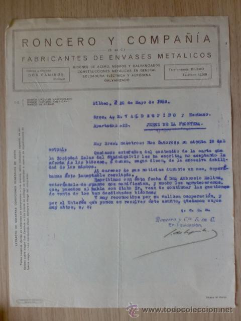 Cartas comerciais: CARTA COMERCIAL. BILBAO. MAYO 1928. RONCERO Y COMPA&Ntilde;IA. FABRICANTES DE ENVASES METALICOS.
