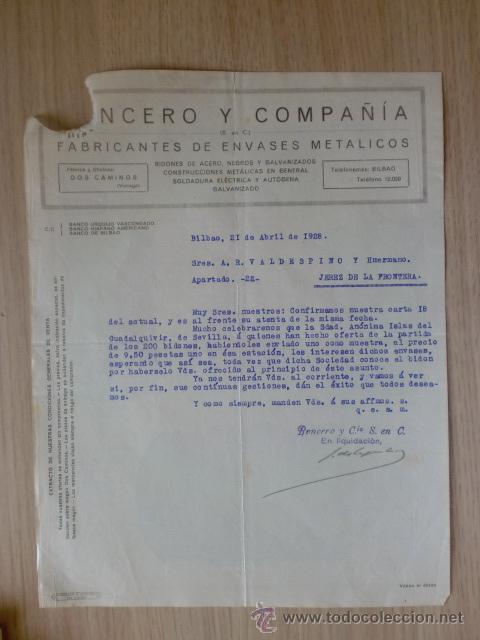 Cartas comerciales: CARTA COMERCIAL. BILBAO. ABRIL 1928. RONCERO Y COMPA&Ntilde;IA. FABRICANTES DE ENVASES METALICOS.