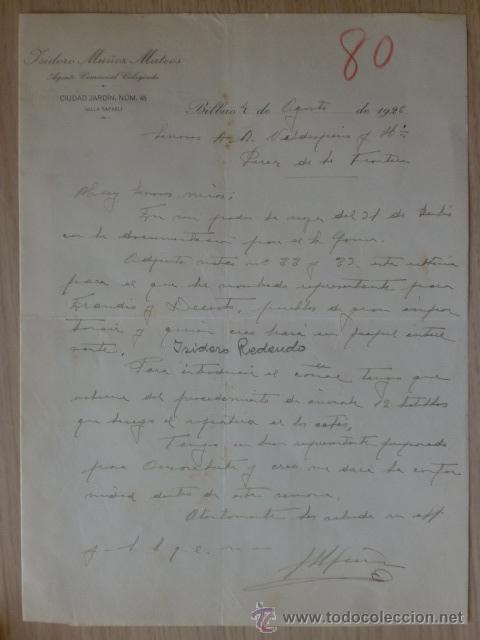 Cartas comerciales: CARTA COMERCIAL. BILBAO. AGOSTO 1926. ISIDORO MU&Ntilde;OZ MATEOS. AGENTE COMERCIAL COLEGIADO.