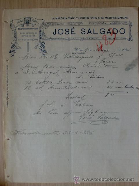 Cartas comerciales: CARTA COMERCIAL. GUIPUZCOA . EIBAR. MAYO 1926. JOSE SALGADO. ALMACEN DE VINOS Y LICORES.
