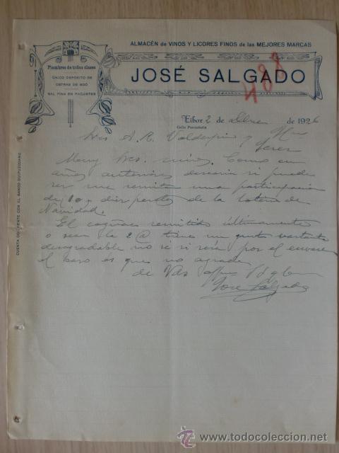 Cartas comerciales: CARTA COMERCIAL. GUIPUZCOA . EIBAR. DICBRE 1926. JOSE SALGADO. ALMACEN DE VINOS Y LICORES.