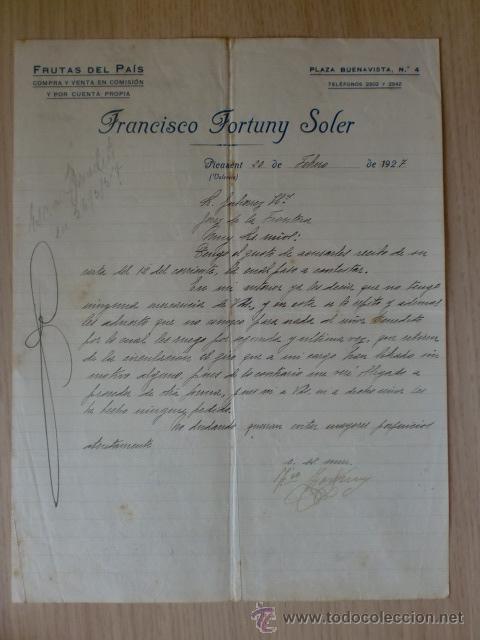 Cartas comerciais: CARTA COMERCIAL. VALENCIA. PICASENT. FEBRERO  1927. FRANCISCO FORTUNI SOLER. FRUTAS DEL PAIS.
