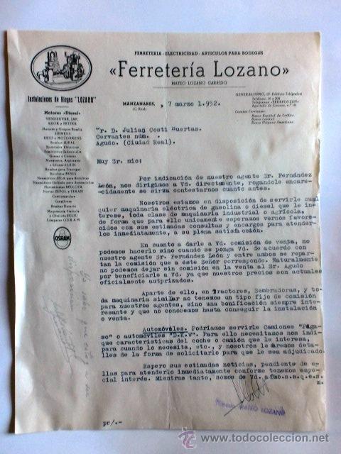 Cartas comerciais: CARTA COMERCIAL. CIUDAD REAL. MANZANARES. MARZO 1952. MATEO LOZANO GARRIDO. FERRETERIA LOZANO.