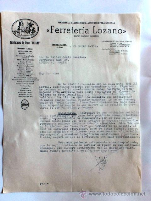 Cartas comerciais: CARTA COMERCIAL. CIUDAD REAL. MANZANARES. MARZO 1952. MATEO LOZANO GARRIDO. FERRETERIA LOZANO.