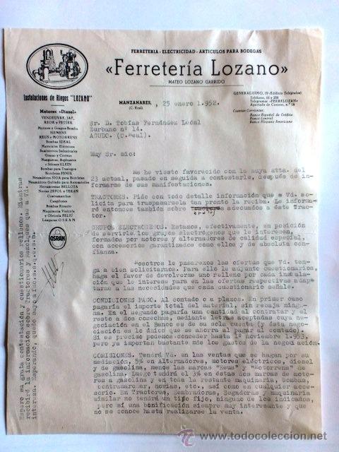 Gesch&auml;ftsbriefe: CARTA COMERCIAL. CIUDAD REAL. MANZANARES. ENERO 1952. MATEO LOZANO GARRIDO. FERRETERIA LOZANO.