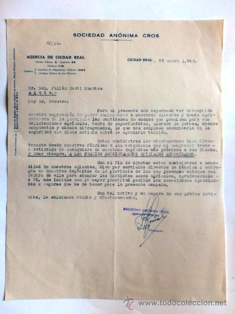 Cartas comerciales: CARTA COMERCIAL. CIUDAD REAL. ENERO 1960. SOCIEDAD ANONIMA CROS.