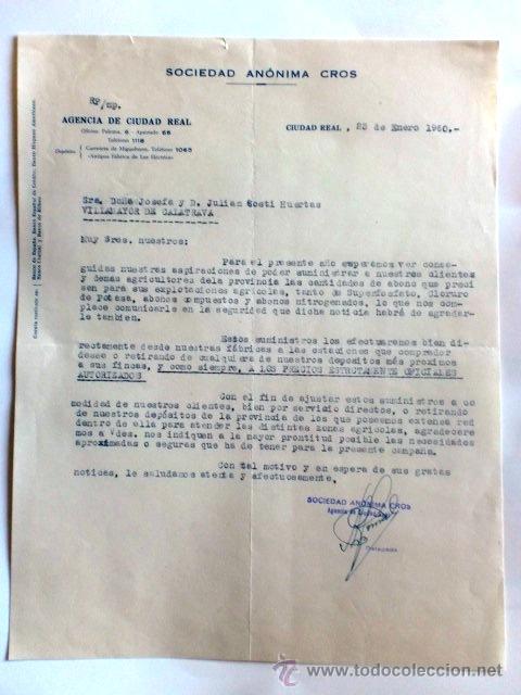 Cartas comerciales: CARTA COMERCIAL. CIUDAD REAL. ENERO 1960. SOCIEDAD ANONIMA CROS.