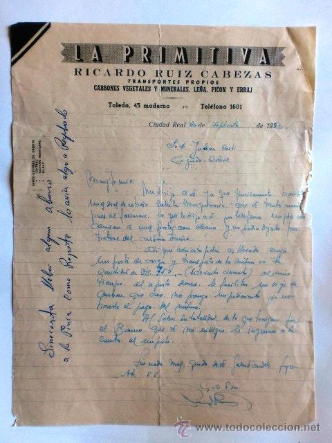 Cartas comerciales: CARTA COMERCIAL. CIUDAD REAL. SEPBRE 1960. RICARDO RUIZ CABEZA. LA PRIMITIVA, CARBONES..