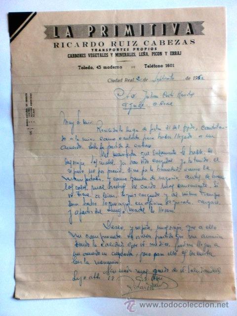 Cartas comerciales: CARTA COMERCIAL. CIUDAD REAL. SEPBRE 1960. RICARDO RUIZ CABEZA. LA PRIMITIVA, CARBONES..