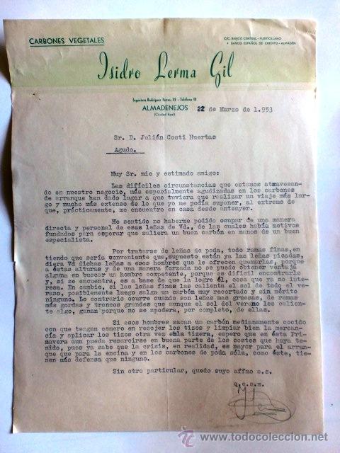 Cartas comerciales: CARTA COMERCIAL. C. REAL. ALMENDRALEJOS. MARZO 1953. ISIDRO LERMA GIL. CARBONES VEGETALES.