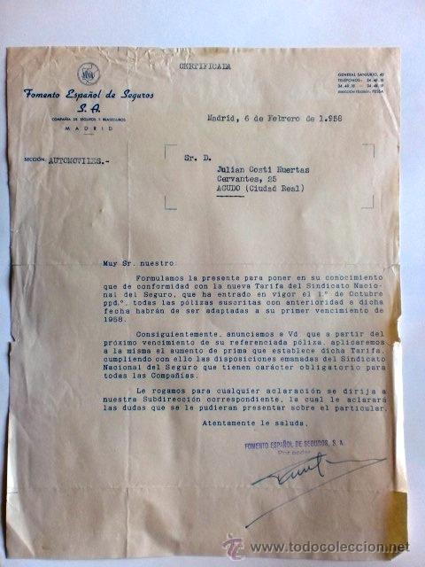 Cartas comerciales: CARTA COMERCIAL. MADRID. FEBRERO 1958. FOMENTO ESPA&Ntilde;OL DE SEGUROS, S. A.