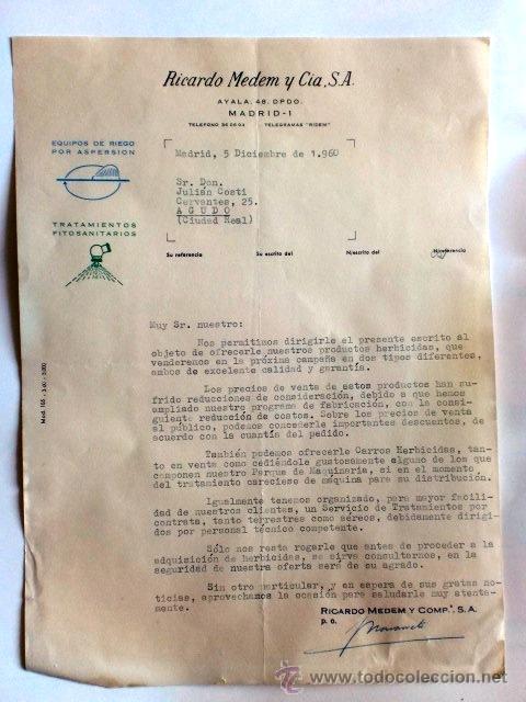 Cartas comerciales: CARTA COMERCIAL. MADRID. DICIEMBRE 1960. RICARDO MEDEM Y CIA, S. A. EQUIPOS DE RIEGO POR ASPERSION.