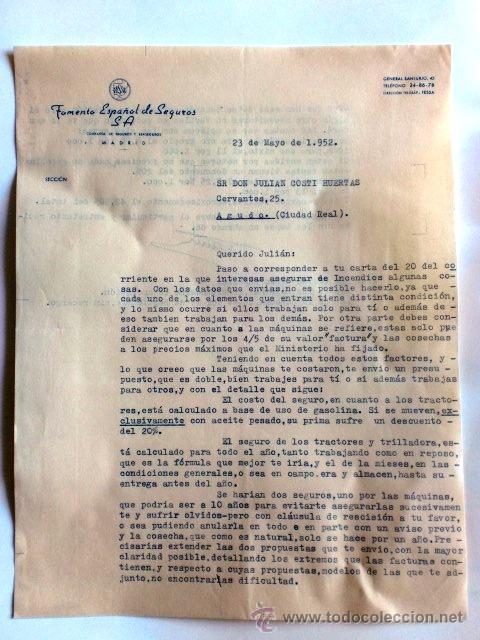 Cartas comerciales: CARTA COMERCIAL. MADRID. MAYO 1952.FOMENTO ESPA&Ntilde;OL DE SEGUROS, S. A.