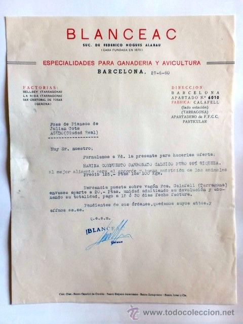 Cartas comerciales: CARTA COMERCIAL. BARCELONA. JUNIO 1960. BLANCEAC. SUC. DE FEDERICO NOGUES ALABAU. GANADERIA.